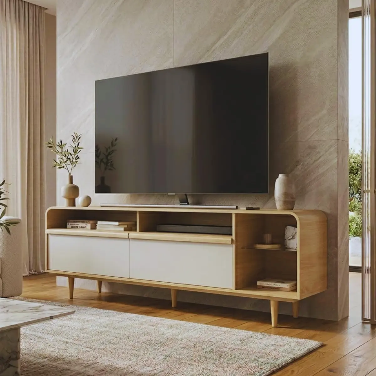 Rack Orgânico 100% MDF 180cm Pés em Madeira Maciça 75” Carvalho/Panna