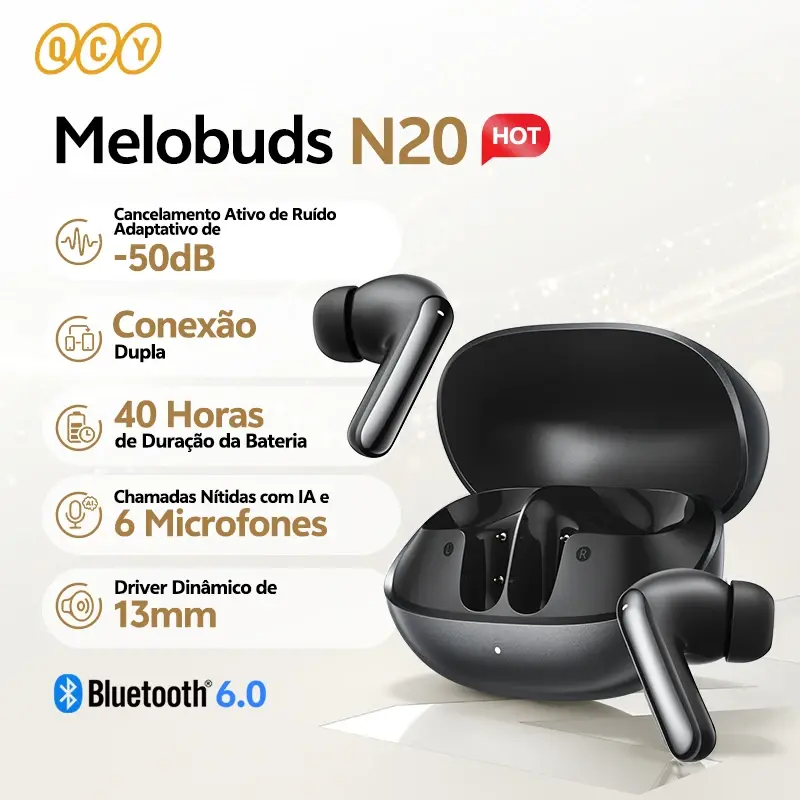 Fones de Ouvido Sem Fio QCY Melobuds N20 BH25HT20A Bluetooth 6.0 - ANC Adaptativo de -50dB, Drivers de 13mm, 6 Microfones, Chamadas HD, 40 Horas de Duração - 1