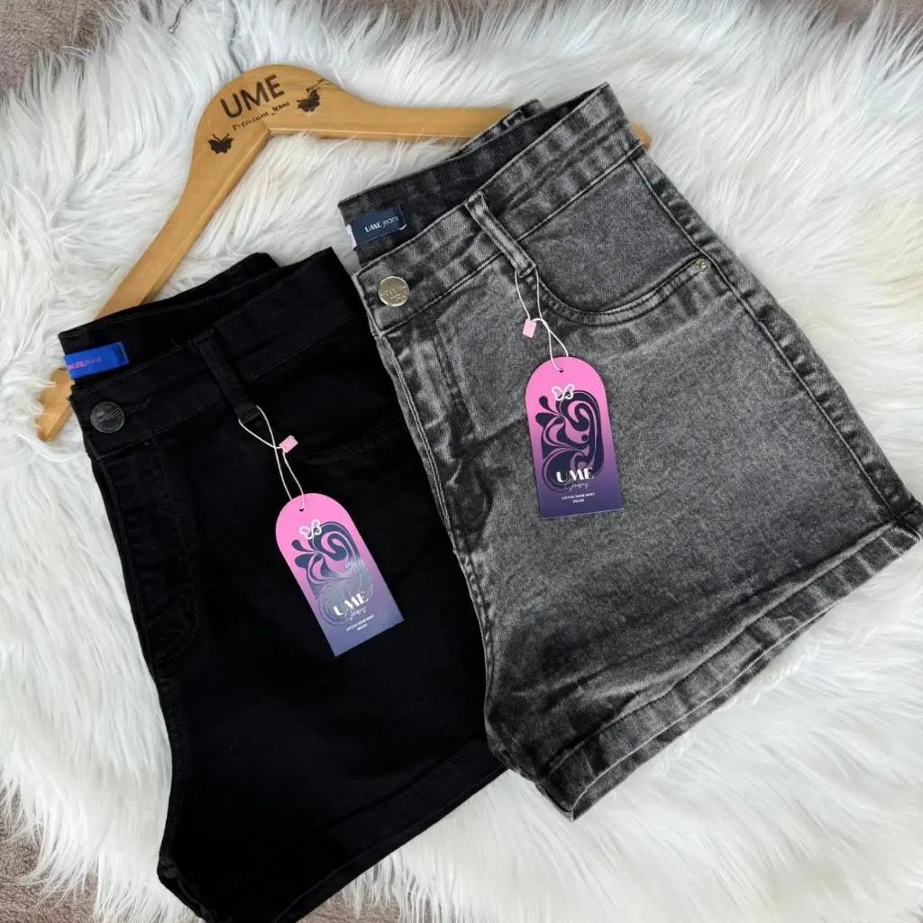 Kit 2 shorts femininos jeans com Lycra preto+marmorizado Ume Jeans Levanta Bumbum Pinça Verão Barato