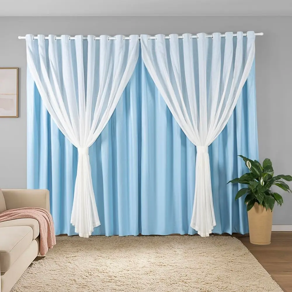Cortina Sala Quarto Blecaute 2,80m Larg. x 2,50m Alt. Linho Trabalhado, Forro em PVC Blackout 100%, c/Abraçadeiras - Inovi - Azul/Branco