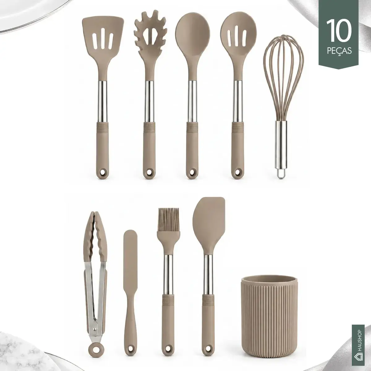 Conjunto de Utensílios Haushop 10 Peças de Silicone e Inox para Cozinha, Greige