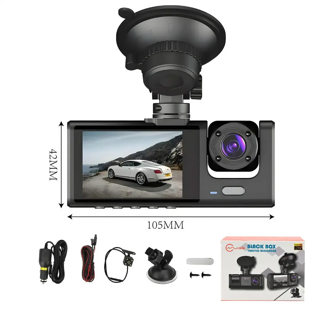 Câmera Veicular Full HD 1080p 3 Lentes (Frontal + Interna + Traseira) com Tela LCD | DVR Automotivo com Visão Noturna - 1