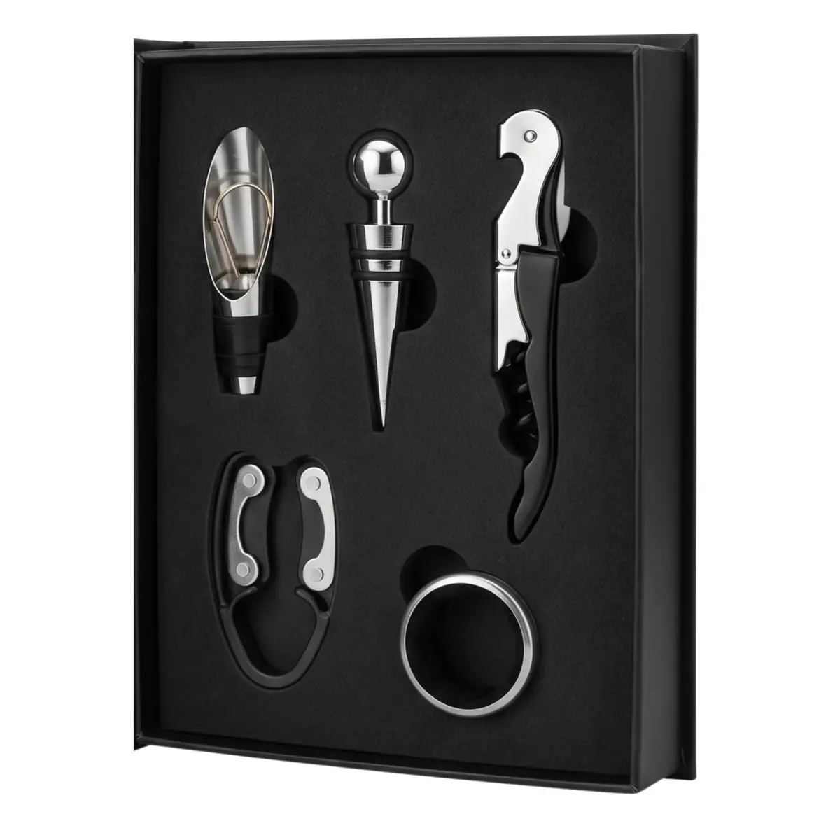 Kit Vinho Inox 5 Peças Saca-Rolhas Sommelier Bico Aerador Corta-Lacre Corta-Gotas Tampa Hermética Garrafa