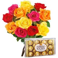 Buquê de 12 Rosas Coloridas com Ferrero Rocher