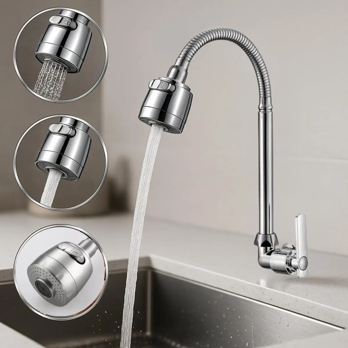 Torneira Gourmet Flexível para Cozinha, 2 Jatos de Água, Acabamento Cromado, Instalação na Parede