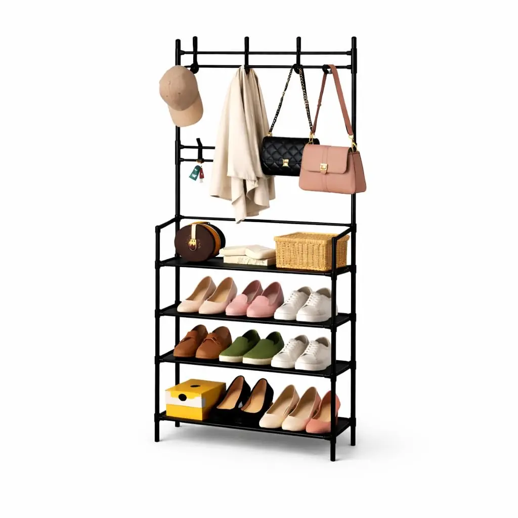 Arara Sapateira Organizadora Multiuso Portátil com 4 Andares, Estrutura em Metal Preto, 154cm Altura, Capacidade para 15 Pares de Sapatos, com Cabideiro e Prateleiras - 1