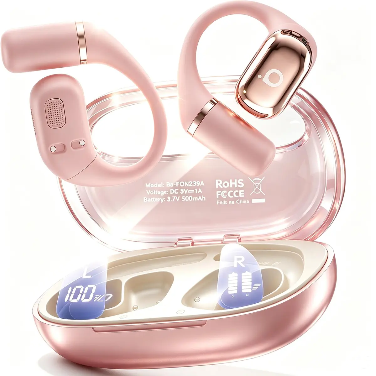 Basike Fone de Ouvido Bluetooth, Fone OWS Conexão Dupla Dispositivos(Rosa) | Fone sem Fio Bluetooth 6.0 com Tela LED, Bateria de 68h, ENC Cancelamento de Ruído, Áudio Estéreo, IPX6, Baixa Latência