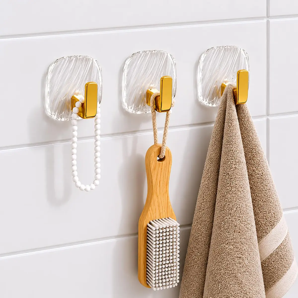 Kit 3 Ganchos Adesivos Fortes para Parede Multiuso Modelo REDONDO Luxo Cristal e Dourado Suporte Sem Furos Organizador Móvel Casa Banheiro Cozinha Cabide Autoadesivo Carga 2kg