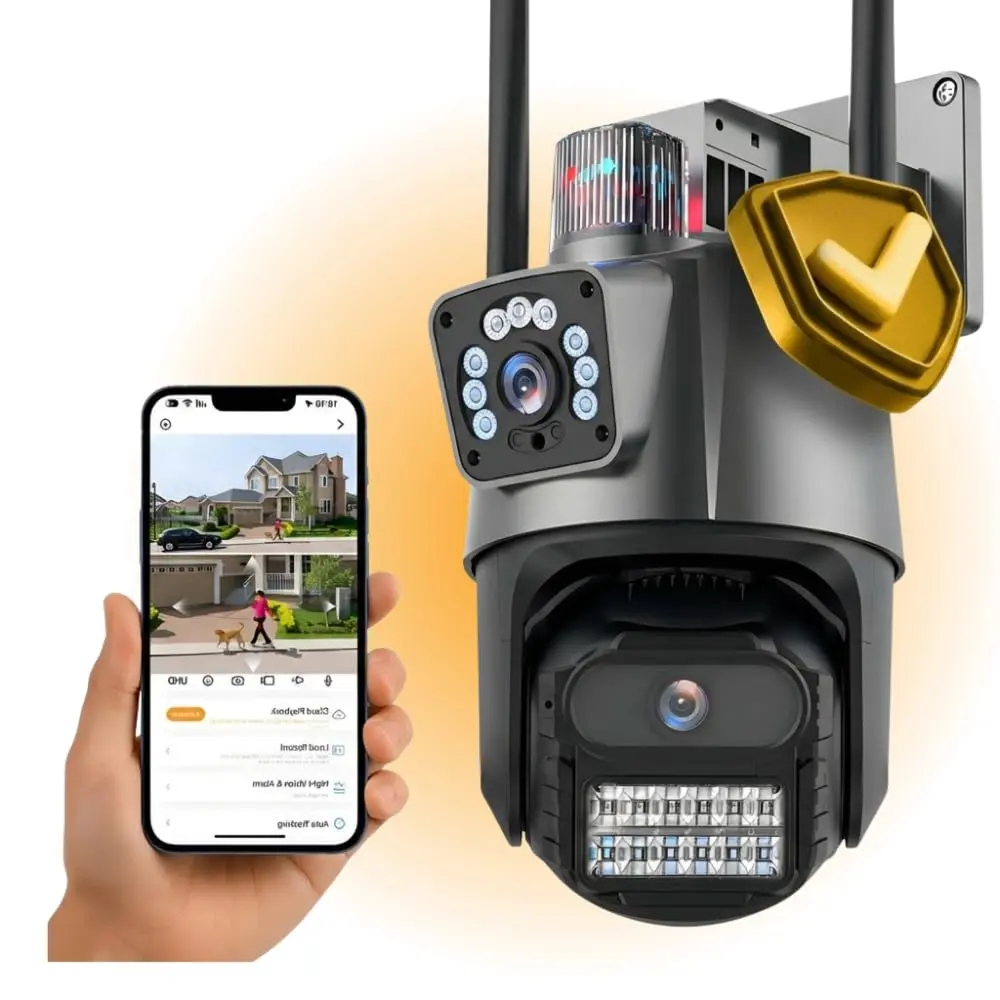 Câmera de Segurança Externa Lente Dupla, Wi-Fi 6MP com Sirene, Visão Noturna, Detecção Inteligente de Movimento, IP66, App no Celular