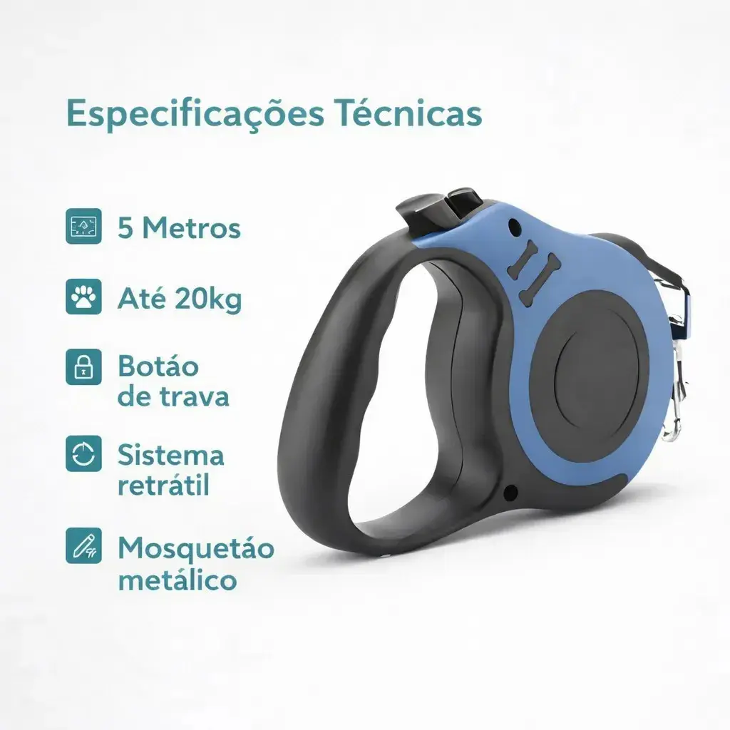 Guia Retrátil para Cães e Gatos de Náilon com Trava de Segurança Reforçada 5 Metros Preto