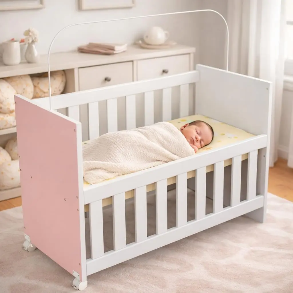 Mini Berço Infantil Nina 2 em 1 Chiqueirinho com Rodízios e Colchão Incluso Portátil Moderno Confortável Seguro Recém-Nascido Bebê Menina Menino Suporte Mosqueteiro (Branco/Rosa) - 1