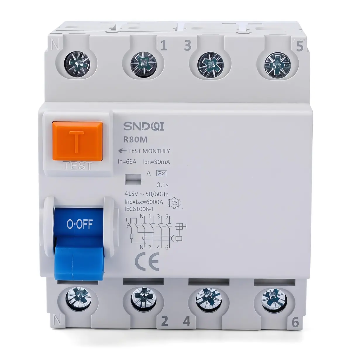 Disjuntor, Interruptor de Proteção Contra Fugas Sndqi R80M 4P 63A 30mA para residências, comércios e indústrias