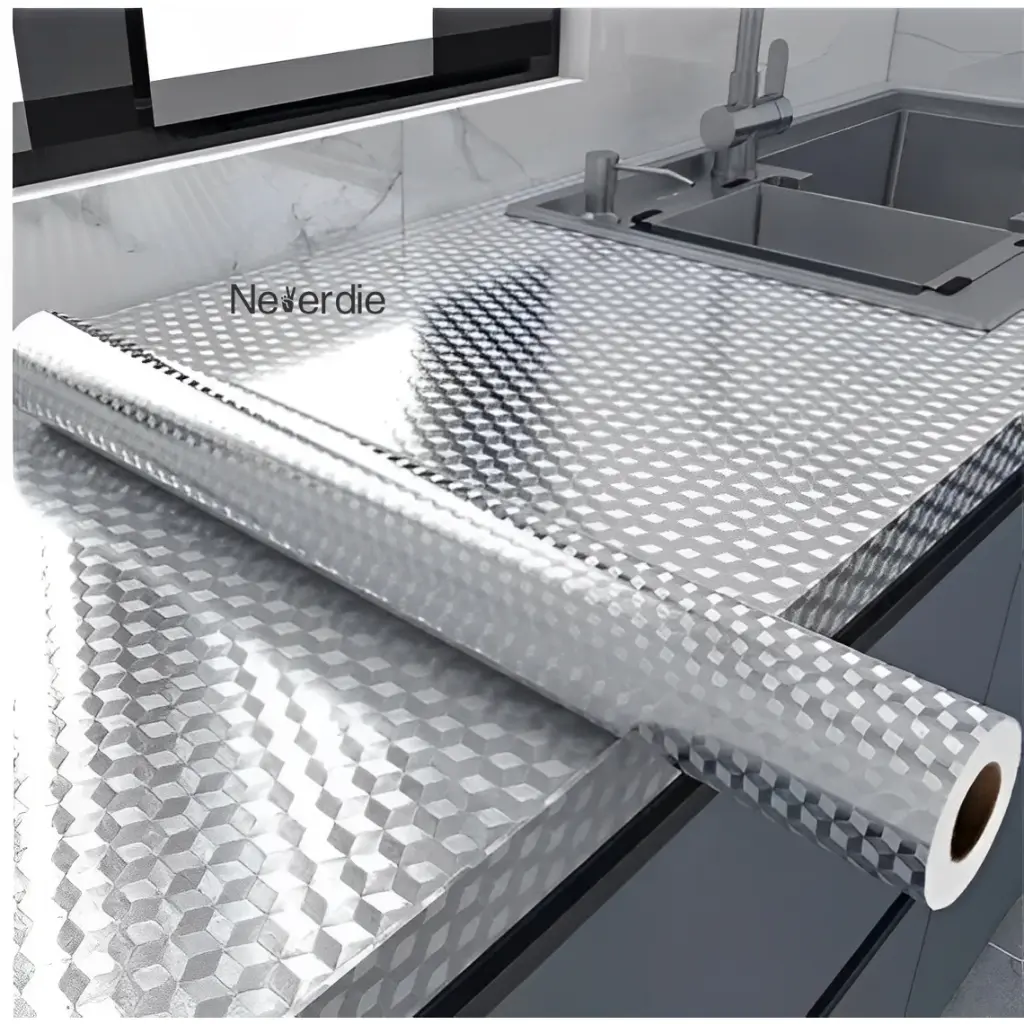Papel de parede 3D alumínio adesivo impermeável anti óleo para armário Cozinha e protetor de fogão Brilhante - 1