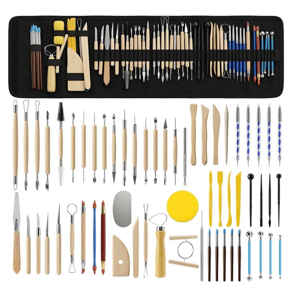 Kit Ceramica Fria de Esculpir 61 Peças, Ferramentas Ceramica Fria com Estecas Dupla Face com Bolas Metálicas e Pontas de Madeira, para Argila, Porcelana e Artesanato