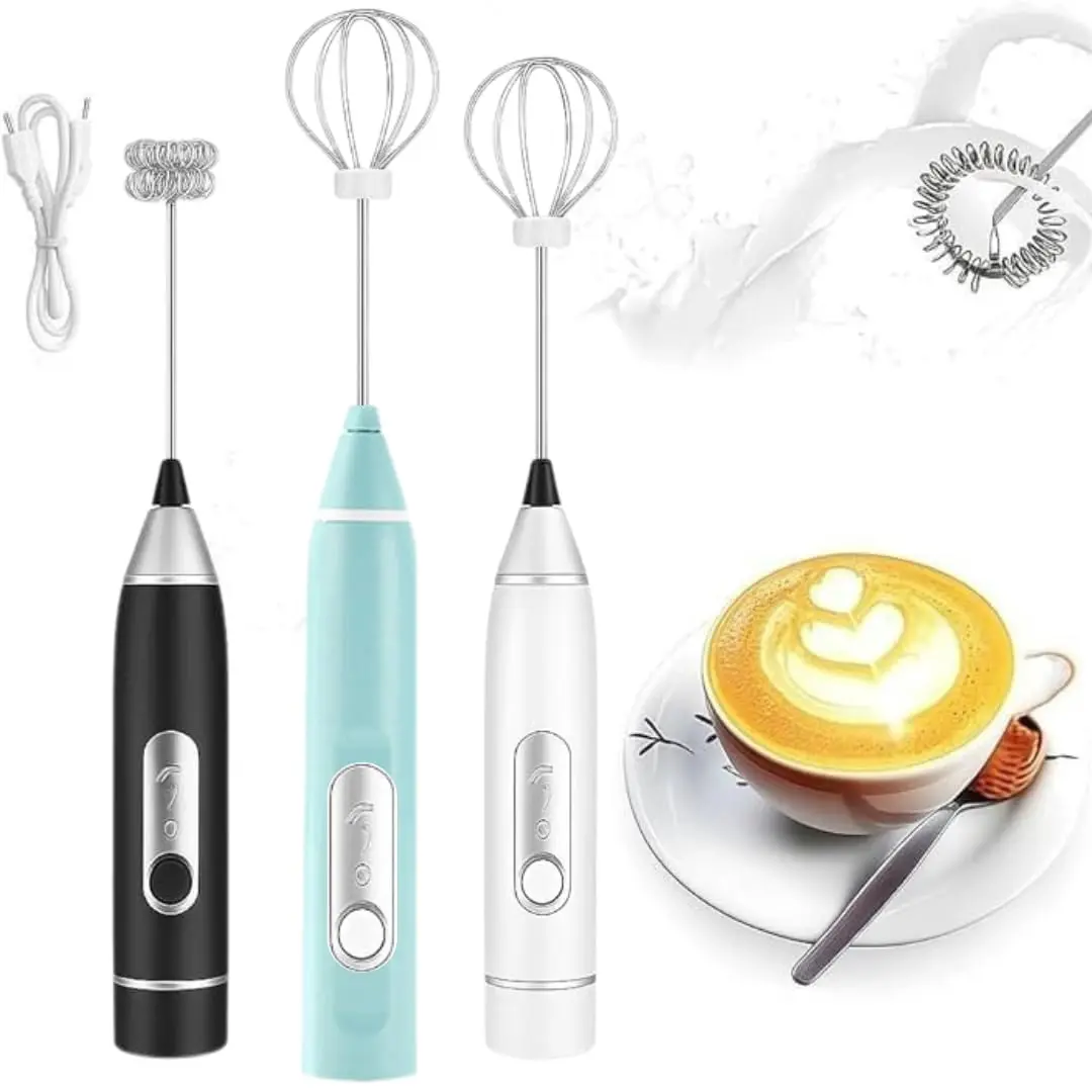 Mini Mixer Portátil USB, Espumador de Leite Elétrico | Batedor de Bebidas, Ovos, Café, Cappuccino, Whey | com Haste de Aço Inoxidável 3 Velocidades (Azul)