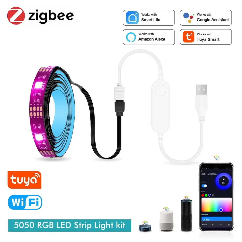Inteligente zigbee usb luzes led tuya wifi rgb tira conduzida dc5v 5050 inteligente led tv iluminação traseira wok com alexa google casa - 1