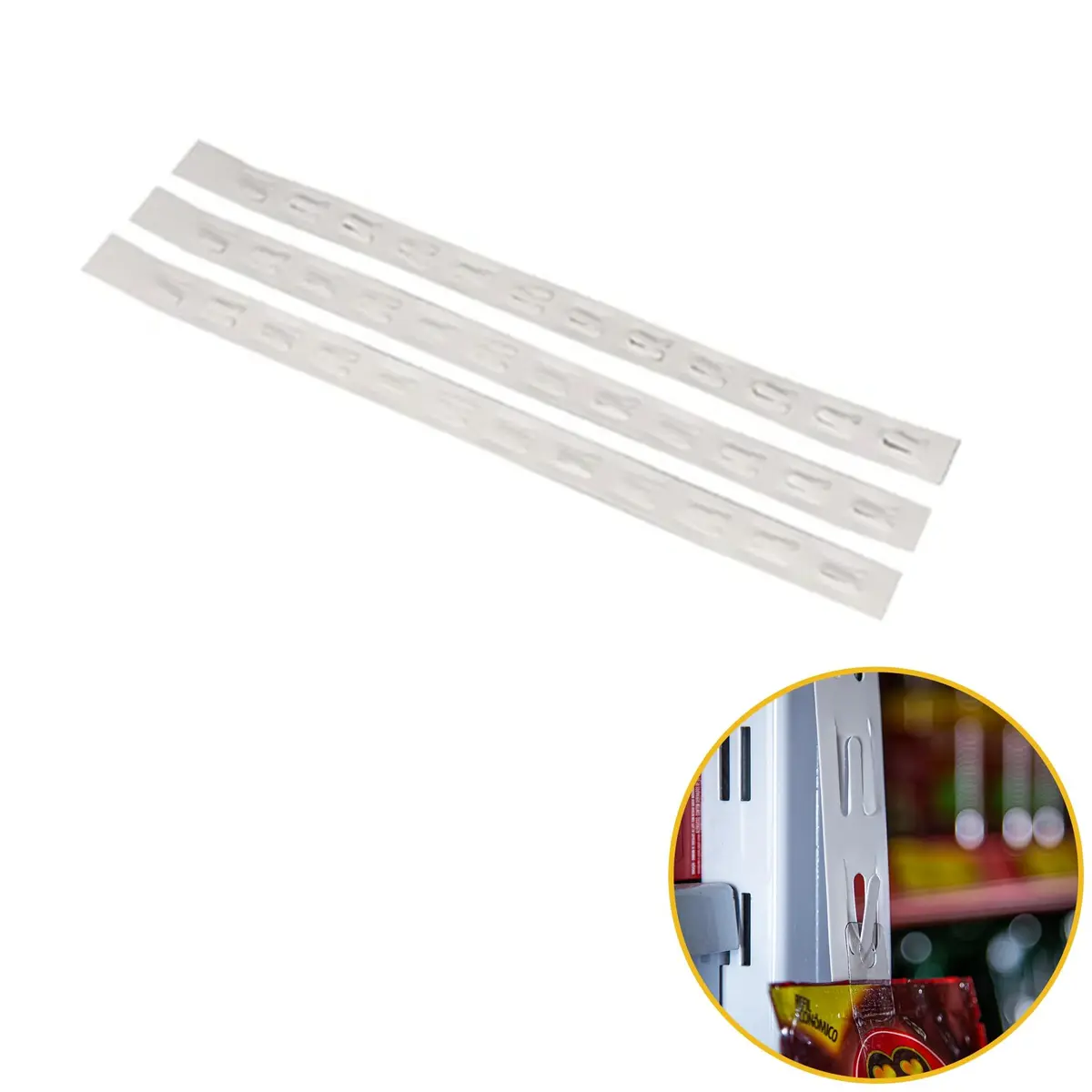 NEOBRASIL - Fita Cross Clip Strip Branca - Exposição em PDV, Organização de Produtos, Fita para Gôndolas, Venda por Impulso, Prateleira e Gancheira - 50 Unidades com 12 Ganchos - 0,60mmX565mmX35mm