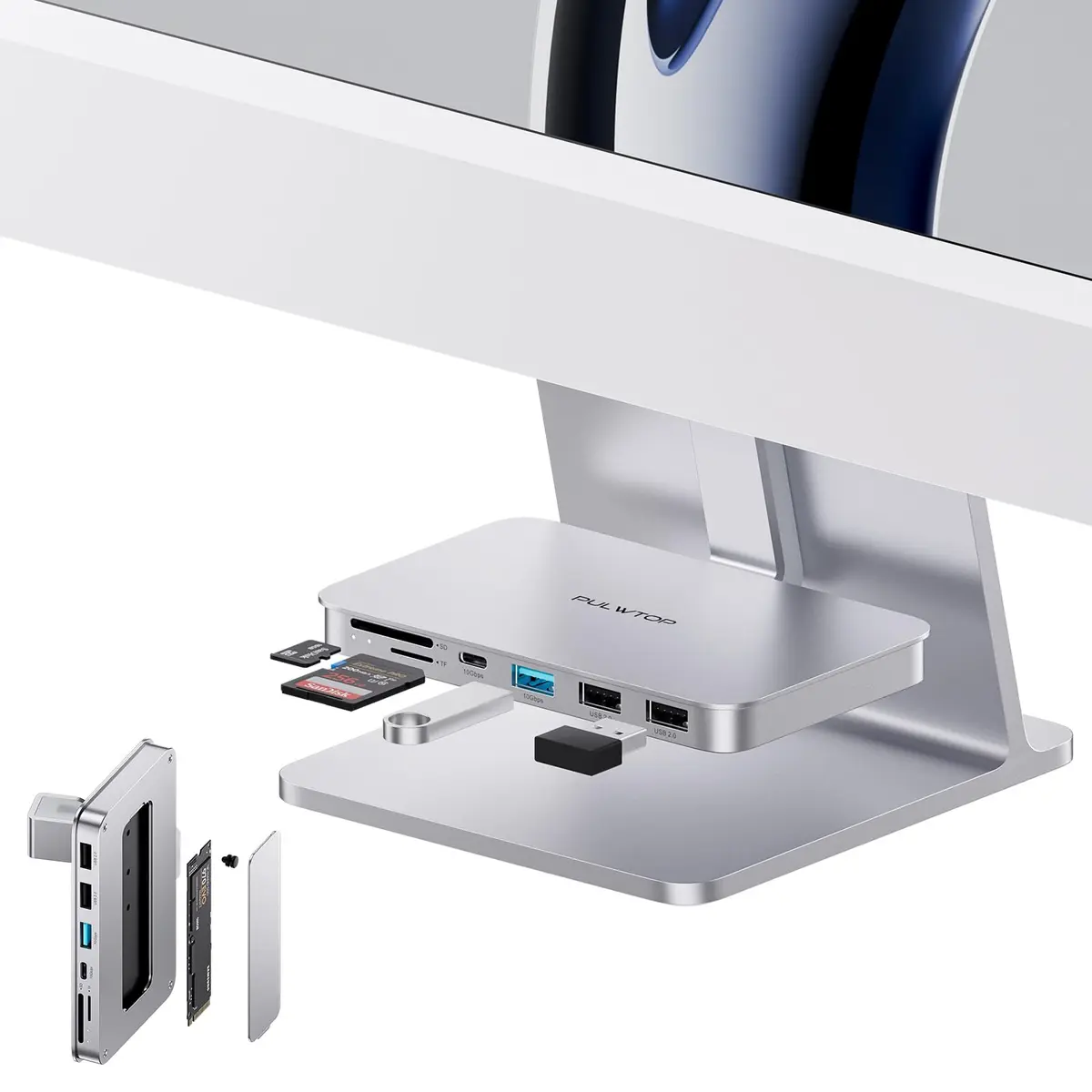 Acessórios iMac para iMac24 polegadas 2021/2023/2024, iMac Hub com M.2 NVMe | PULWTOP SSD Enclosure, iMac USB C Hub USB A/C 10Gbps, SD/TF, adaptador USB i-Mac para iMac24 M1/M3/M4 ou Studio Display Prata