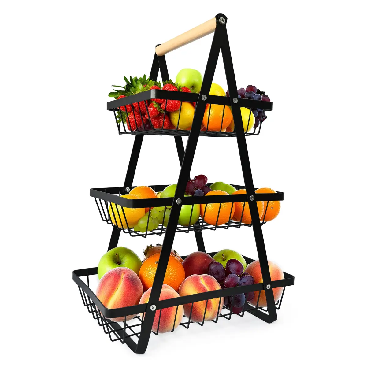 Fruteira de Mesa 3 Níveis, Cesta de Frutas Preta com Alça de Madeira - 1