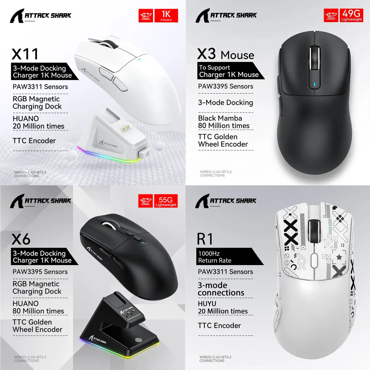 Mouse para jogos sem fio Attack Shark X11 X6 X3 R1, RGB, ergonômico, ultraleve, tri-mode, macro, PAW3395/PAW3311, 26000 DPI - 1