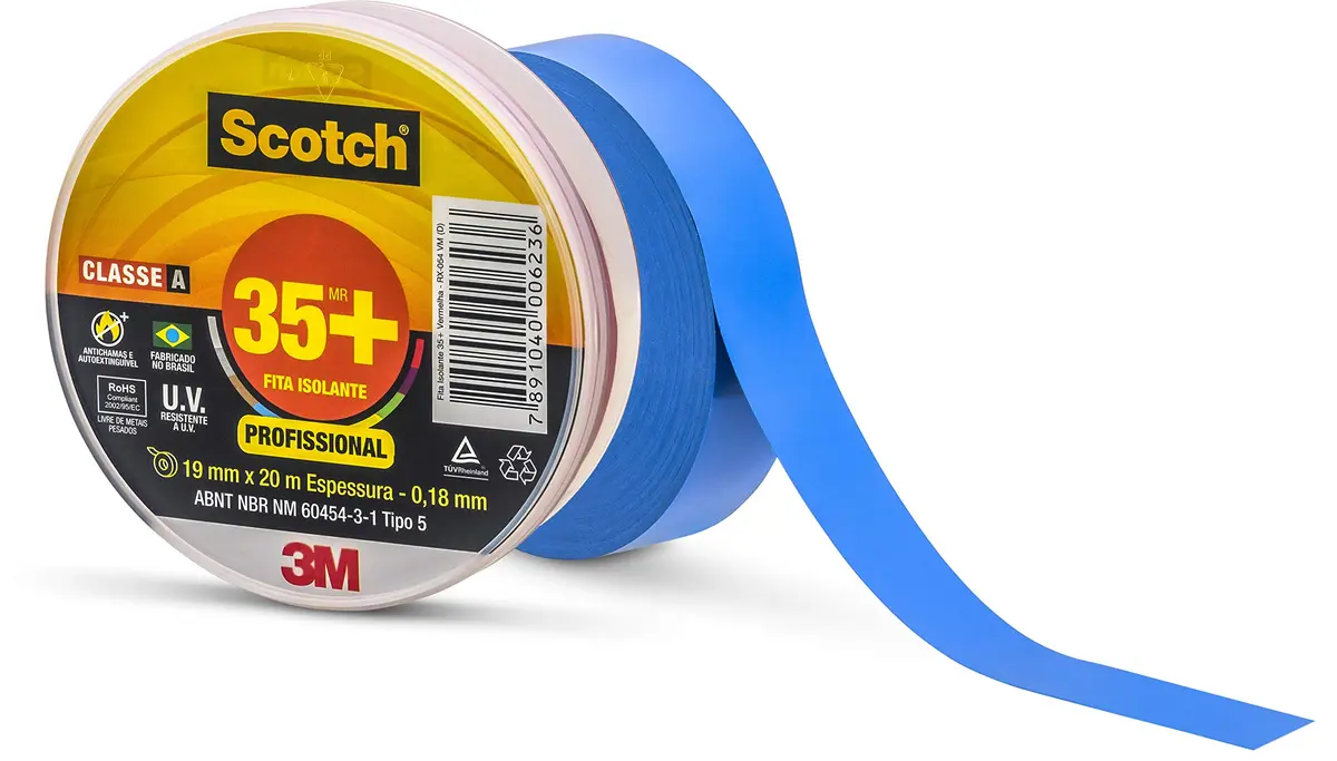 3M Fita Isolante Scotch 35+ Azul 19mm x 20m Codificação de Cabos Elétricos | Fita Isolante Colorida Azul Profissional, Alta Adesão para Marcação de Fases, Fios Elétricos, Antichama, Rolo 20 m