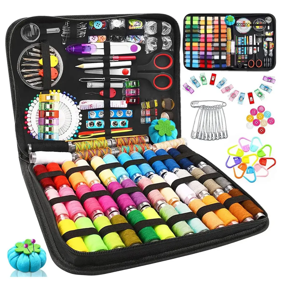 Kit de Costura Completo, 304 Peças, com Linhas Coloridas, Tesoura, Agulhas e Acessórios, Estojo Portátil - 1