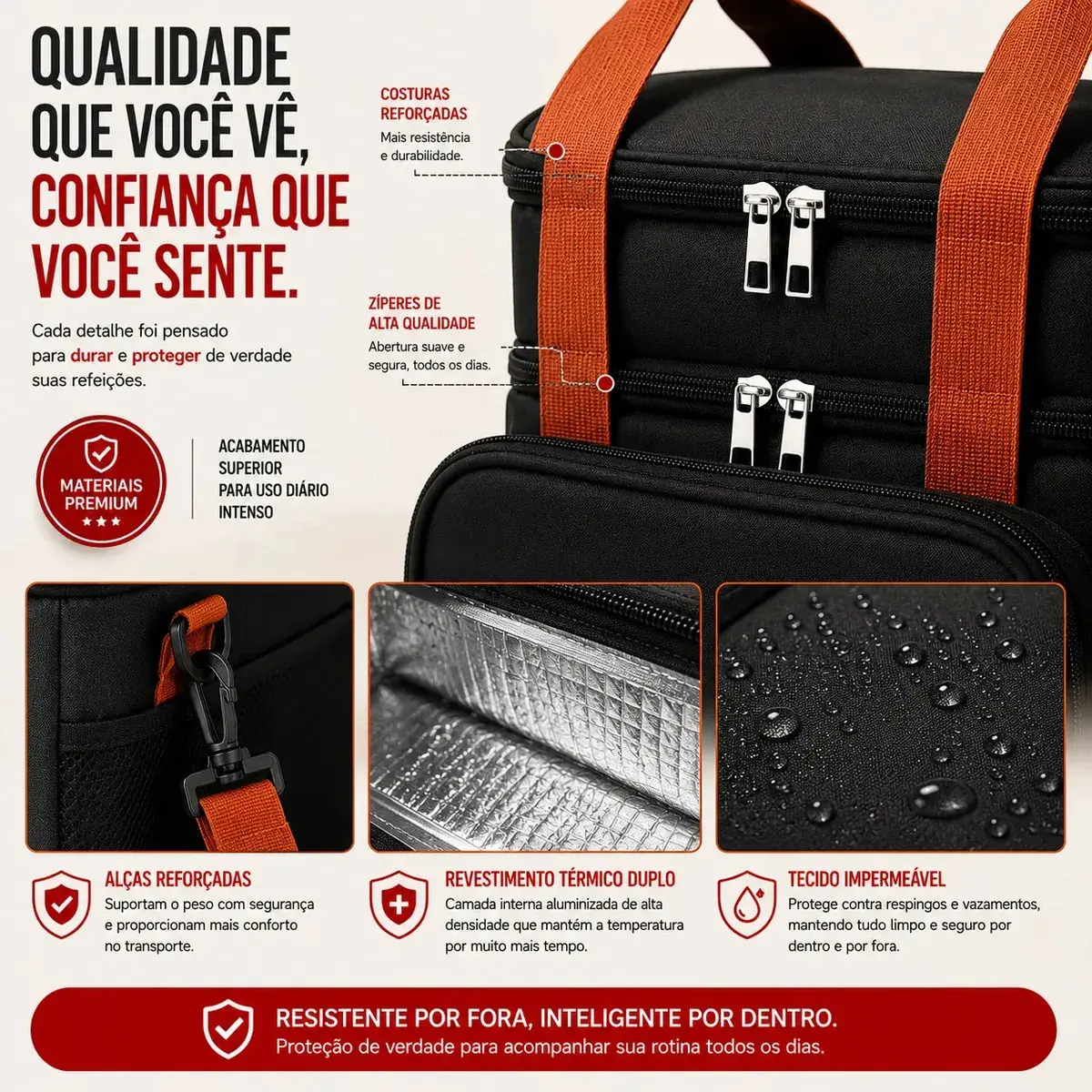 Bolsa Térmica Marmita Lancheira Alça Transversal Ajustável Removível 2 Compartimentos Organiza Conserva Seus Alimentos Quente ou Frio Cor Preto Tche Amo thumbnail 2
