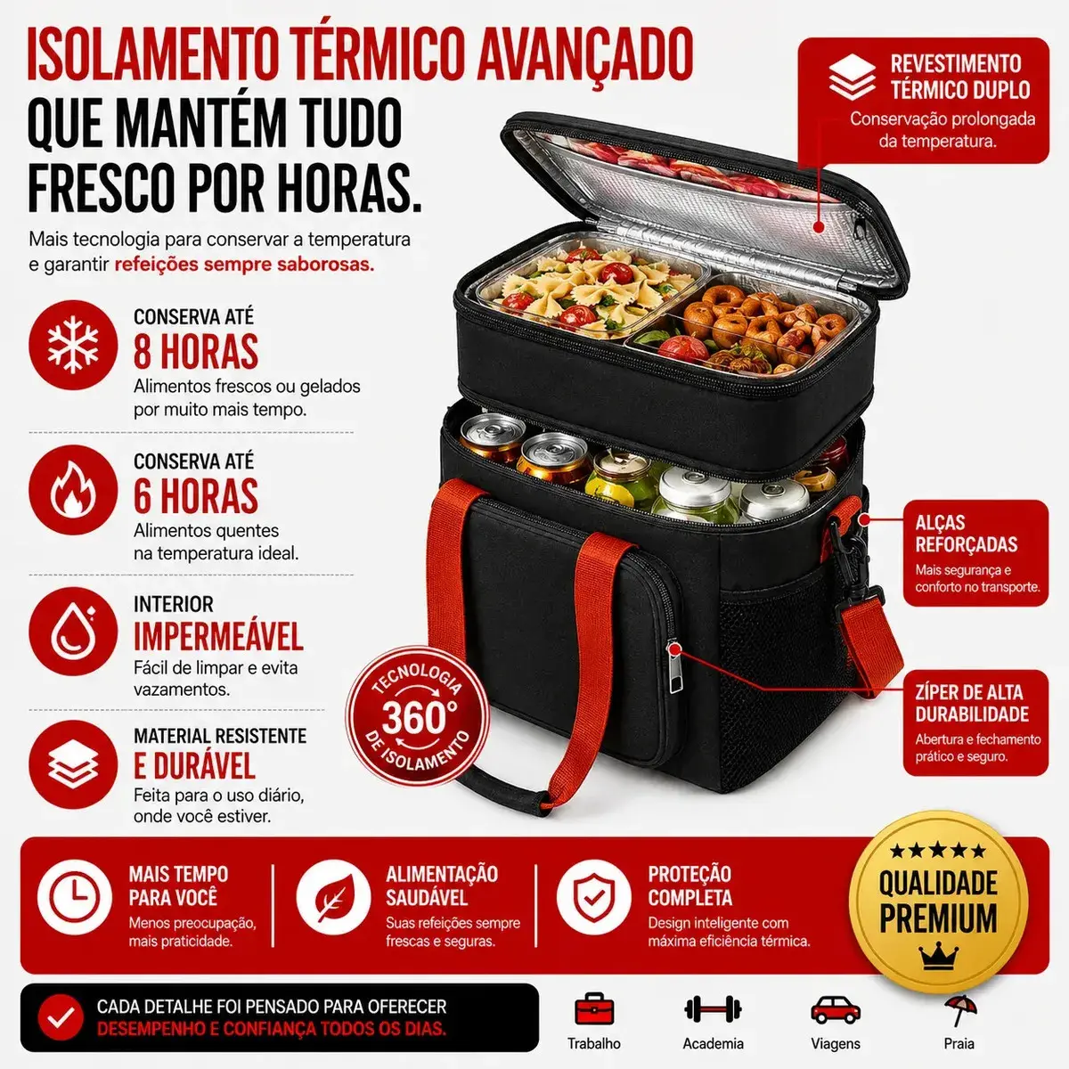 Bolsa Térmica Marmita Lancheira Alça Transversal Ajustável Removível 2 Compartimentos Organiza Conserva Seus Alimentos Quente ou Frio Cor Preto Tche Amo thumbnail 3