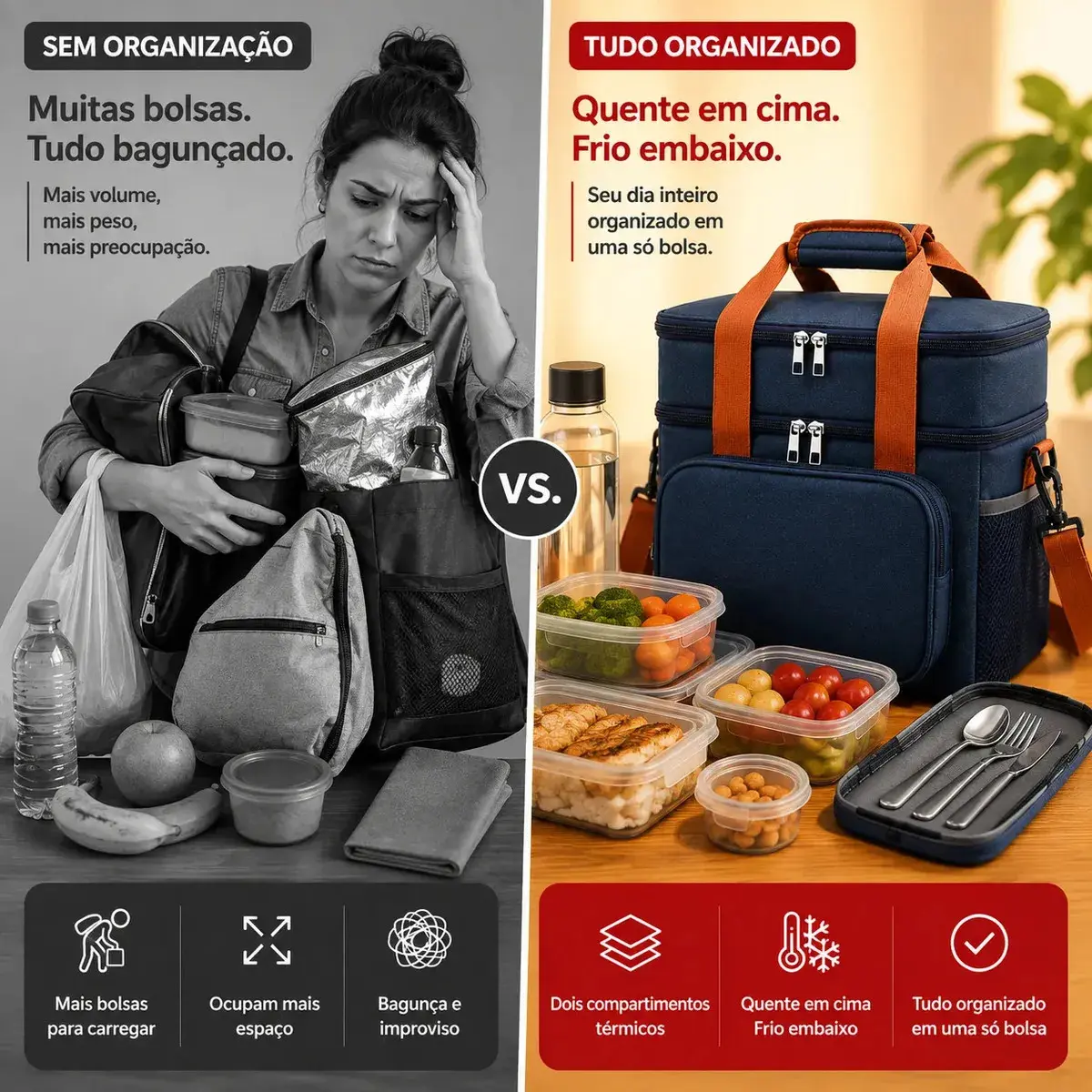 Bolsa Térmica Marmita Lancheira Alça Transversal Ajustável Removível 2 Compartimentos Organiza Conserva Seus Alimentos Quente ou Frio Cor Preto Tche Amo thumbnail 4