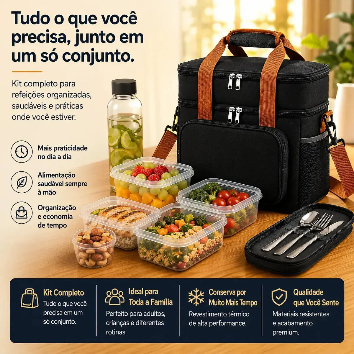 Bolsa Térmica Marmita Lancheira Alça Transversal Ajustável Removível 2 Compartimentos Organiza Conserva Seus Alimentos Quente ou Frio Cor Preto Tche Amo thumbnail 5