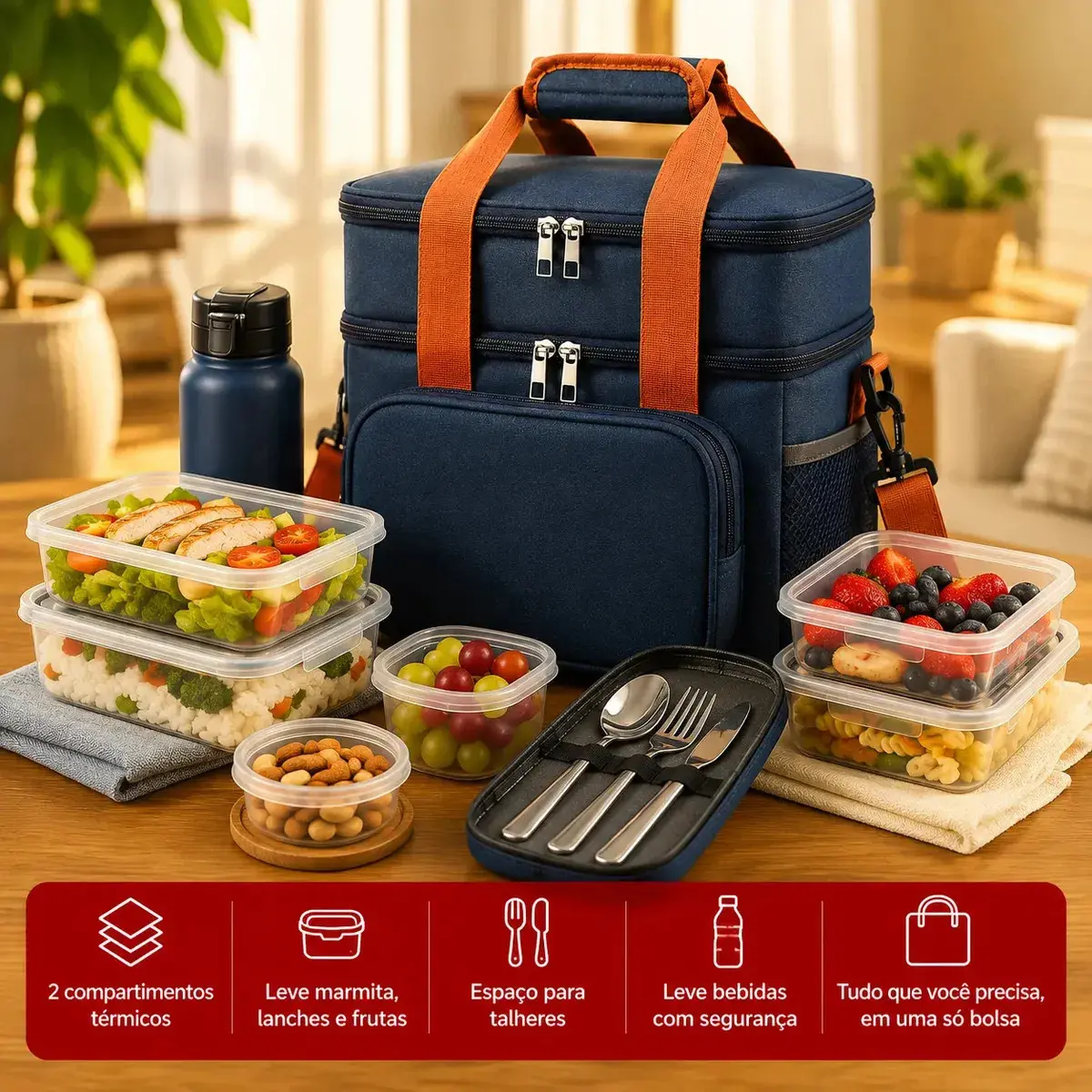 Bolsa Térmica Marmita Lancheira Alça Transversal Ajustável Removível 2 Compartimentos Organiza Conserva Seus Alimentos Quente ou Frio Cor Preto Tche Amo thumbnail 6