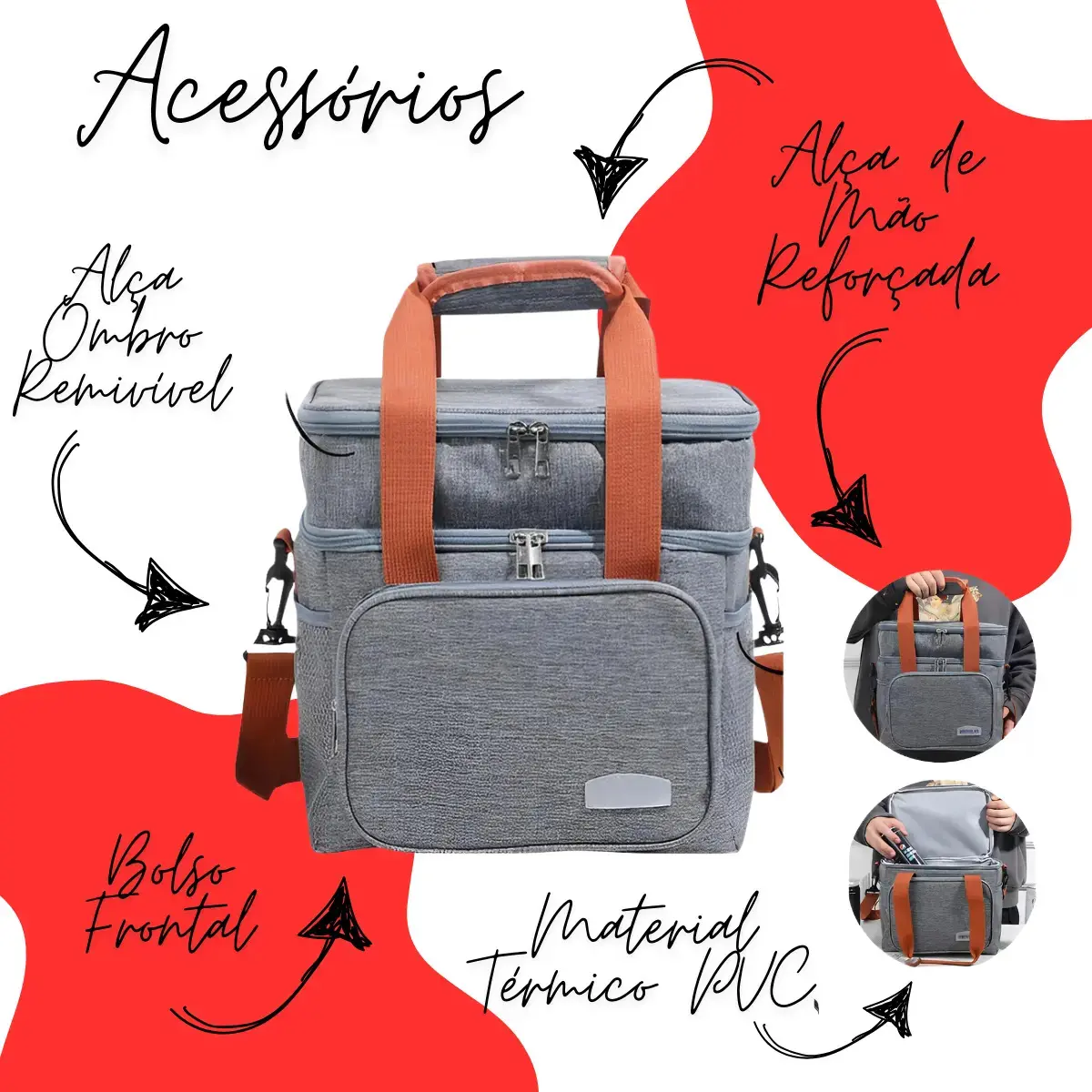 Bolsa Térmica Marmita Lancheira Alça Transversal Ajustável Removível 2 Compartimentos Organiza Conserva Seus Alimentos Quente ou Frio Cor Preto Tche Amo thumbnail 7
