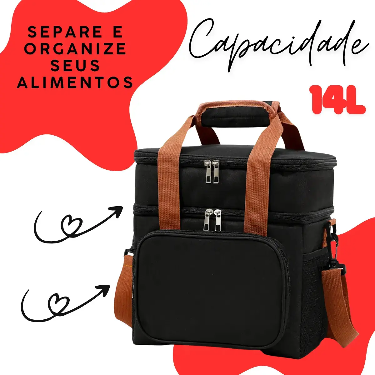 Bolsa Térmica Marmita Lancheira Alça Transversal Ajustável Removível 2 Compartimentos Organiza Conserva Seus Alimentos Quente ou Frio Cor Preto Tche Amo thumbnail 9