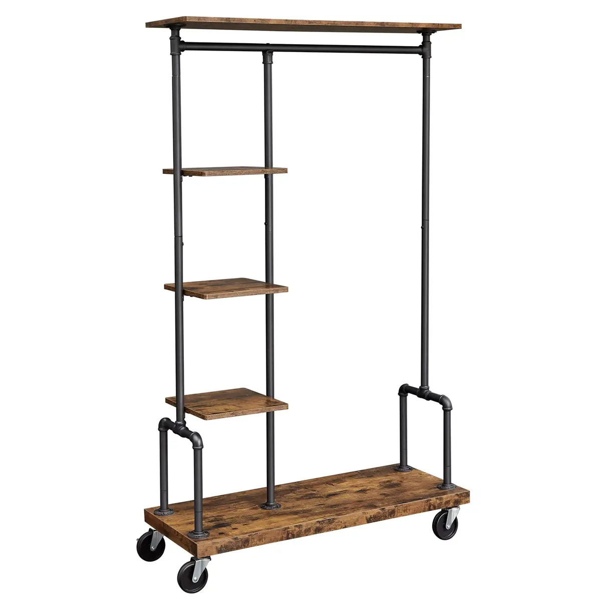 VASAGLE Cabideiro, Arara de Roupas com Rodas, Estante de 5 Níveis com Tubos Metálicos, para Quarto, Loja, Lavanderia, Sala de Estar, Marrom Rústico e Preto BRHSR66BX