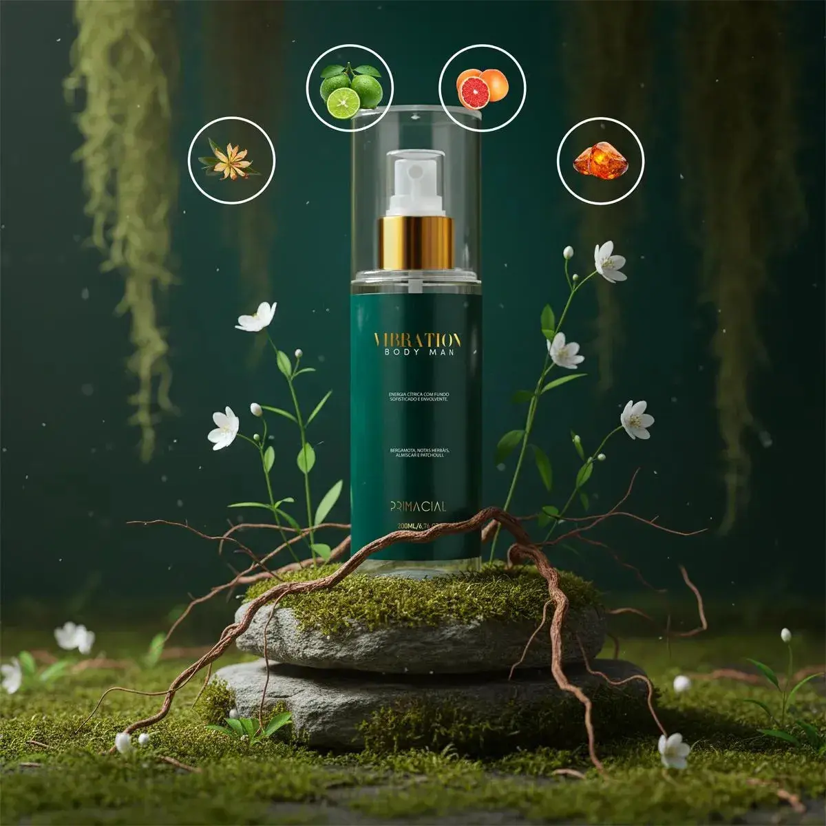 Body Splash Masculino Vibration 200ml - Primacial Perfume Bergamota Fresco thumbnail 3