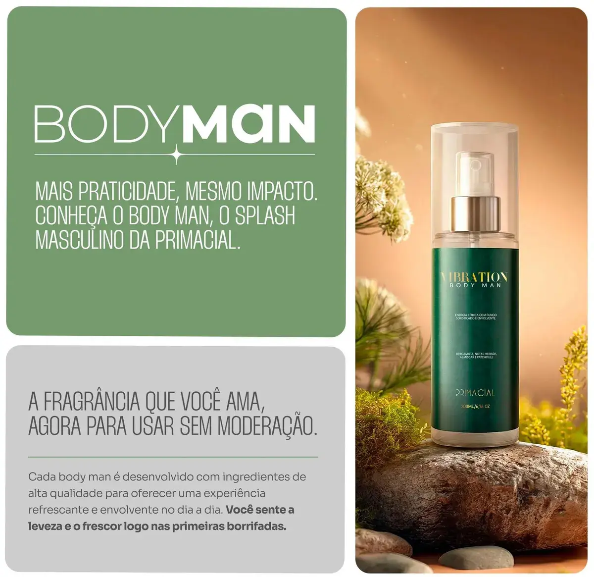 Body Splash Masculino Vibration 200ml - Primacial Perfume Bergamota Fresco thumbnail 5