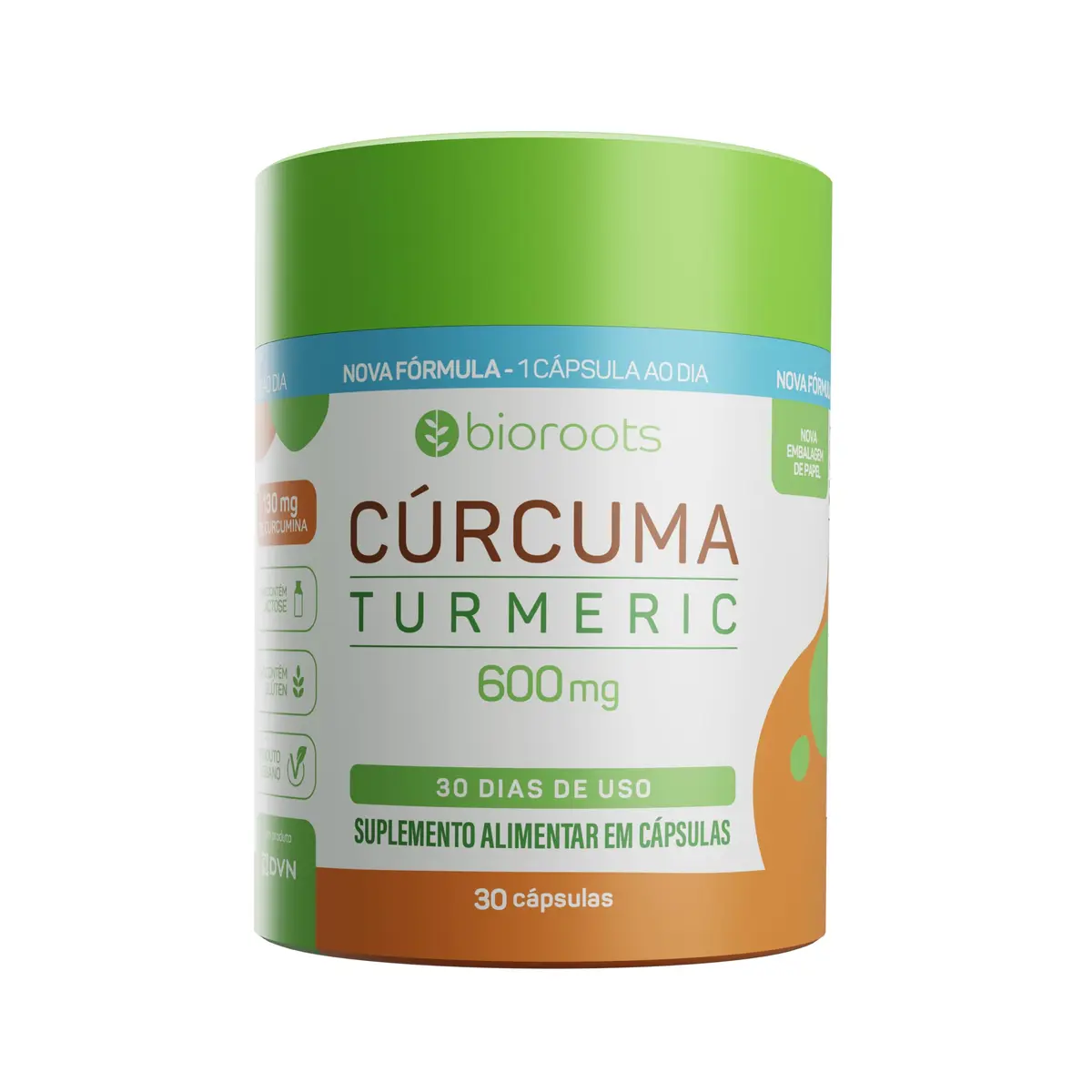Cúrcuma Turmeric 600mg, Bioroots, Extrato USP 95%, Vegana - 30 Cápsulas | Cúrcuma 600mg por cápsula, extrato padronizado USP 95%, vegana, sem glúten, lactose, açúcares e transgênicos, antioxidante