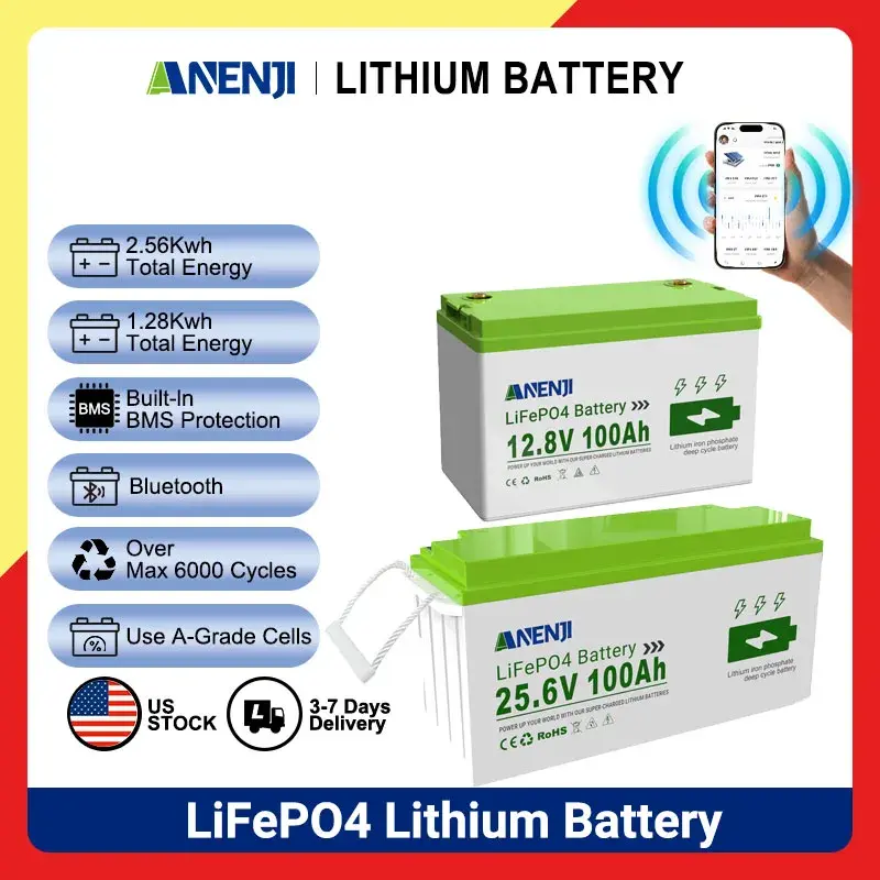 Bateria de Lítio LiFePO4 ANENJI 12.8V/25.6V 100AH com Bluetooth, Máx. 1280Wh 2560Wh de Energia, Proteção contra Baixa Temperatura