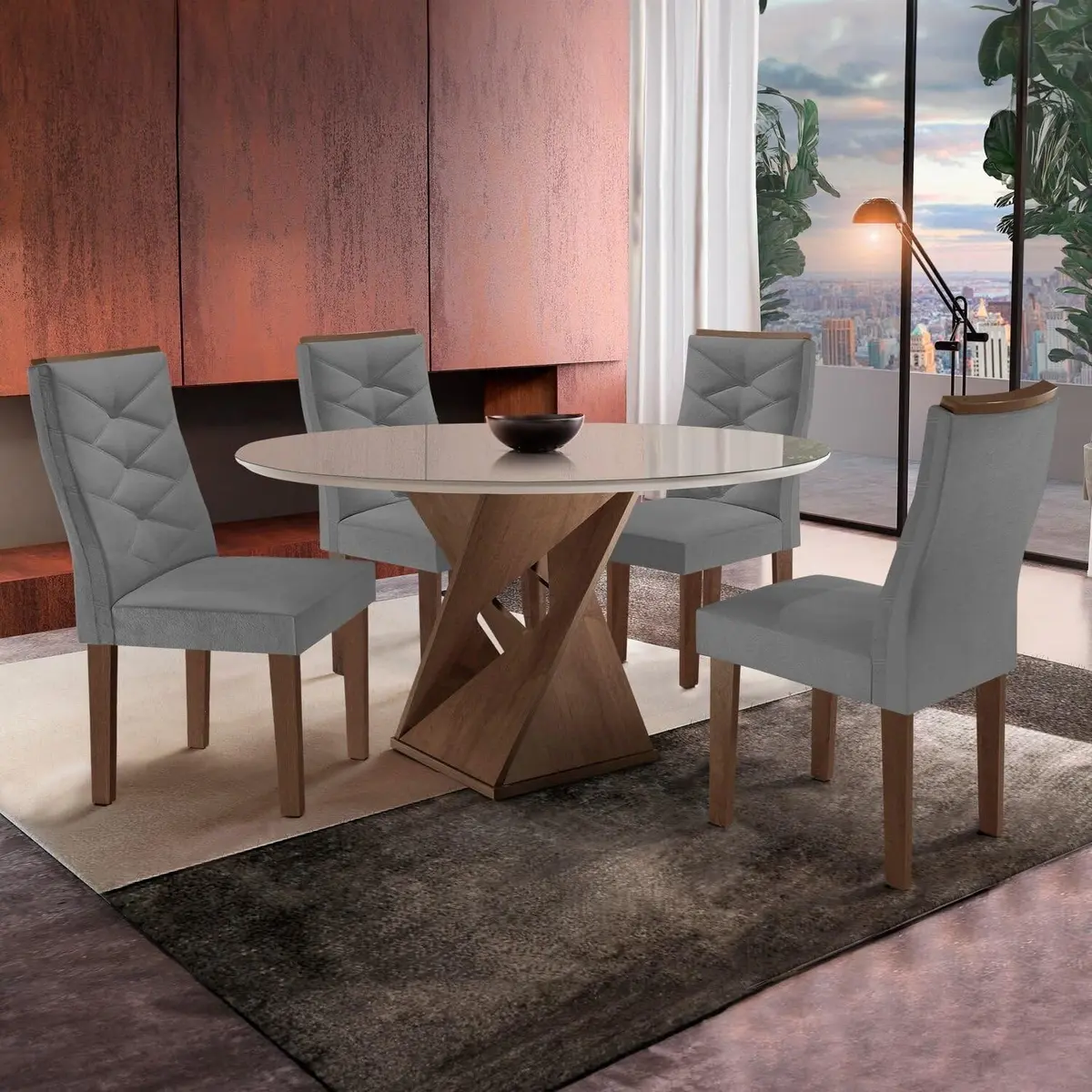 Conjunto Sala de Jantar 4 Lugares Redonda Tampo 100cm Vidro/mdf Mesa e Cadeiras Barcelona Yescasa Chocolate/Off White/Cinza