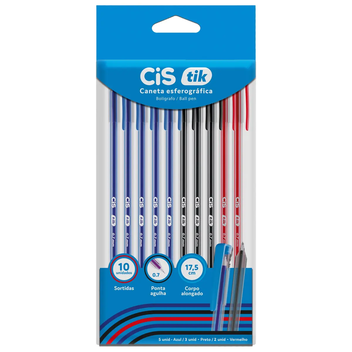 CIS TIK Caneta Esferografica - 0.7 mm - Blister com 10 cores - 5 Azuis, 3 Pretos, 2 Vermelhos