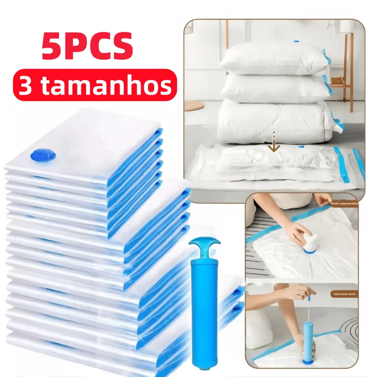 Kit 5 Saco a Vacuo + COM ou SEM Bomba Manual Organização de Roupas Mala Viagem Guarda Roupas - 1