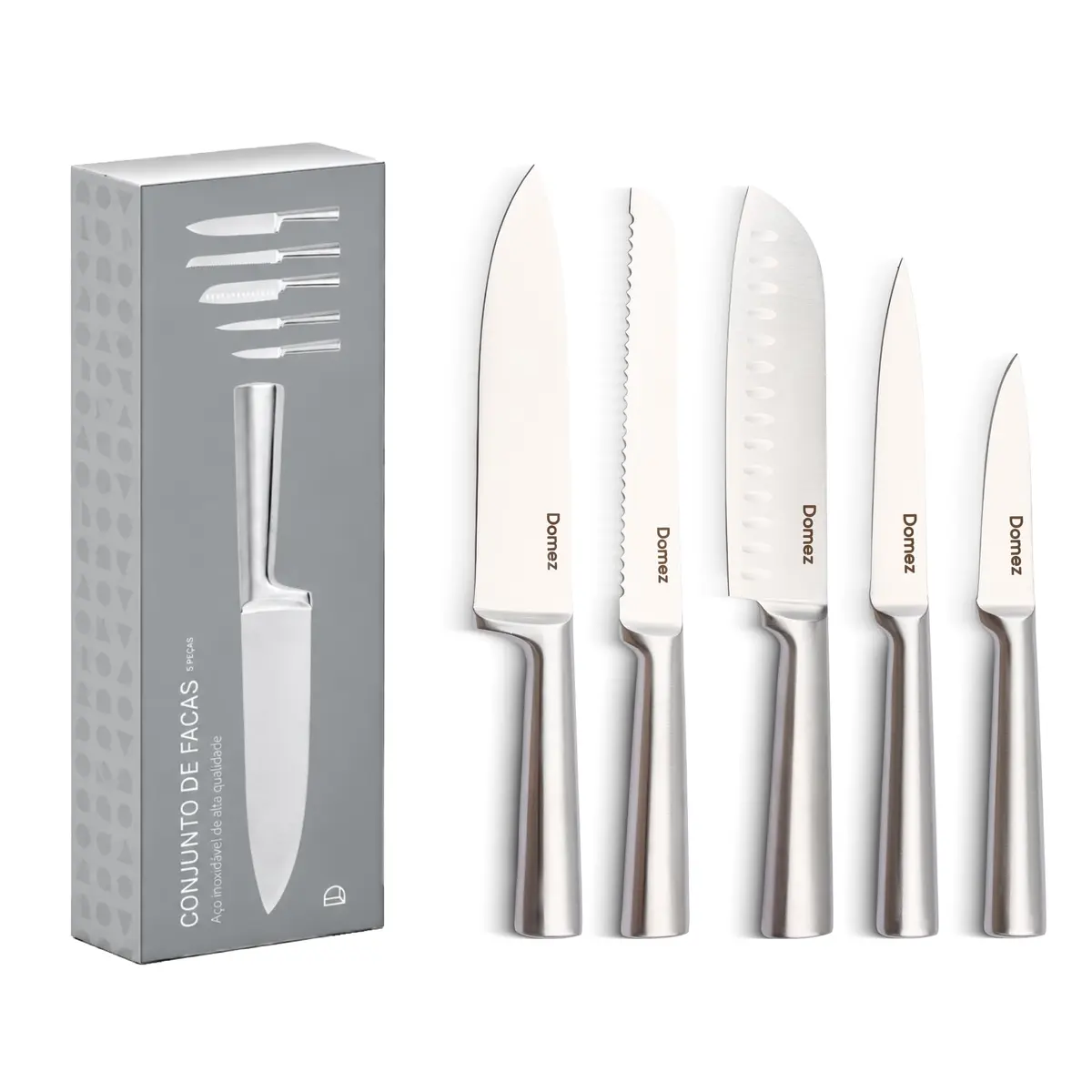 DOMEZ Jogo de Facas de Cozinha Afiadas com Fio de 15° 5 Peças Inox | Chef, santoku, pão, utilitária e descascar, aço inox 4Cr13 de 54 HRC, monobloco de inox, lâmina polida a laser