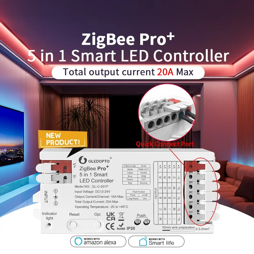 Controlador de Fita LED GLEDOPTO ZigBee 3.0 Pro+ 2 em 1 / 5 em 1 20A Máx. RGBCCT/RGBW/RGB/CCT/Dimmer com Controle por Voz Alexa e APP Homey