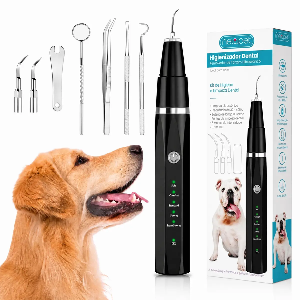 NEWPET Removedor De Placa Dentária Para Cães, Limpador De Dentes Para Animais De Estimação Com Luz LED, Kit De Limpeza Para Tártaro E Manchas, 5 Modos Ajustáveis