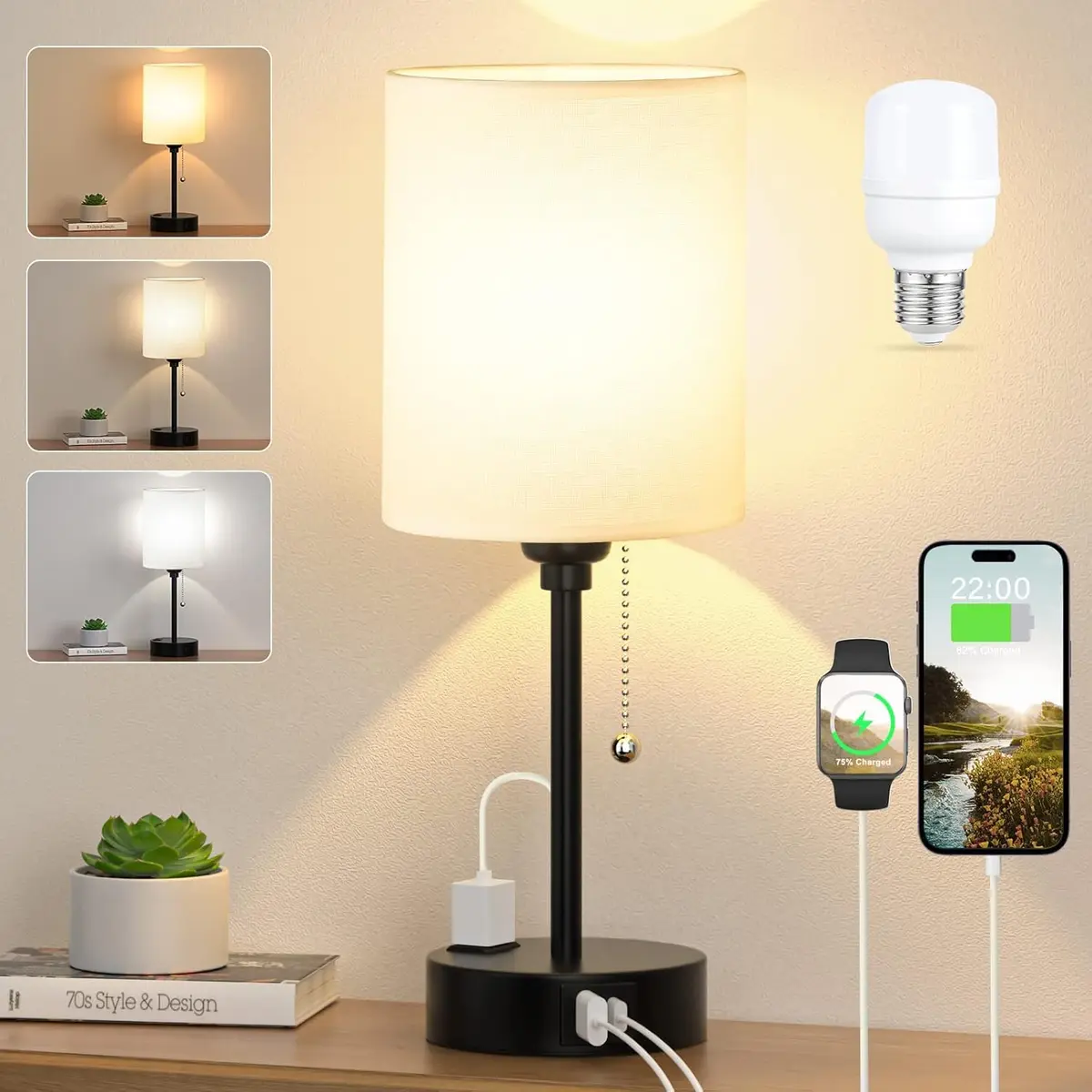 Luminária de Cabeceira Pequena para Quarto - Abajur com 3 Temperaturas de Cor, Portas USB-C e USB-A, Lâmpada com Puxador, Cúpula Branca com Base de Metal Preto para Leitura de Crianças