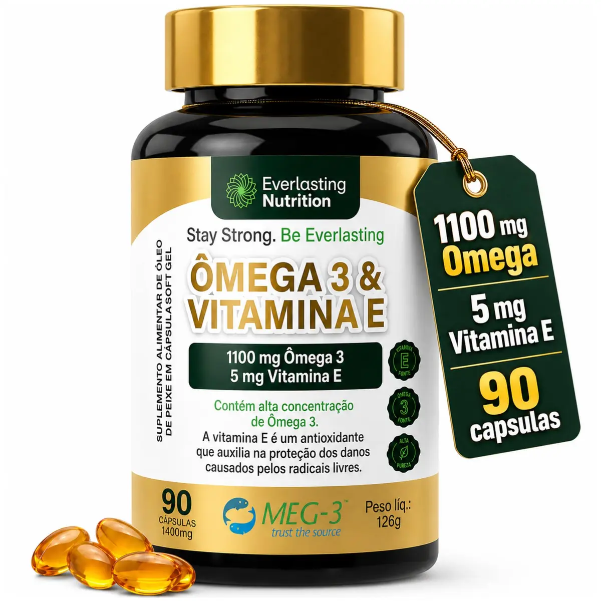 Ômega 3 + Vitamina E (Alta Concentração) 1100mg EPA/DHA, Selo Internacional MEG-3, 90 Cápsulas Softgel de Alta Absorção, Everlasting Nutrition - 1