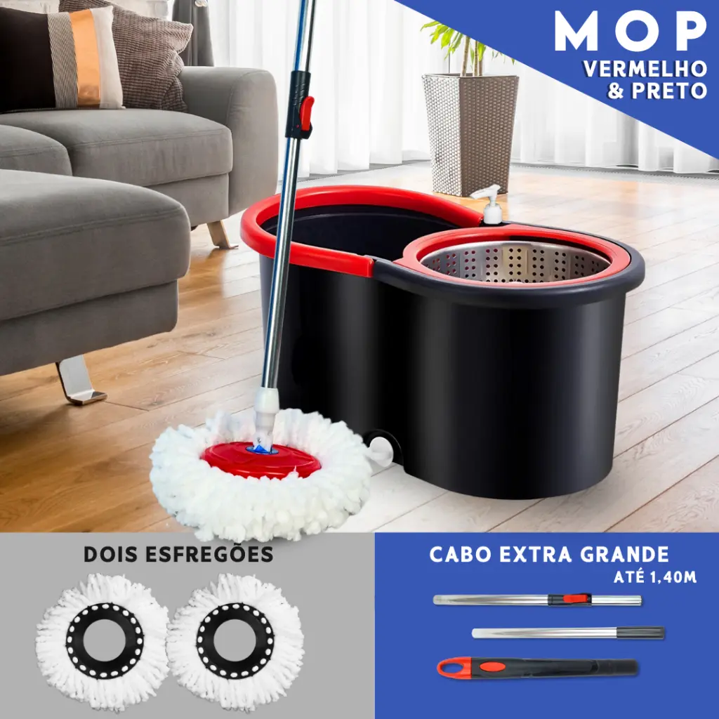 Mop Giratorio Com cabo de 140 cm Cesto Em Inox - Balde Centrífuga - C/2 Refil - Mazzal - 1