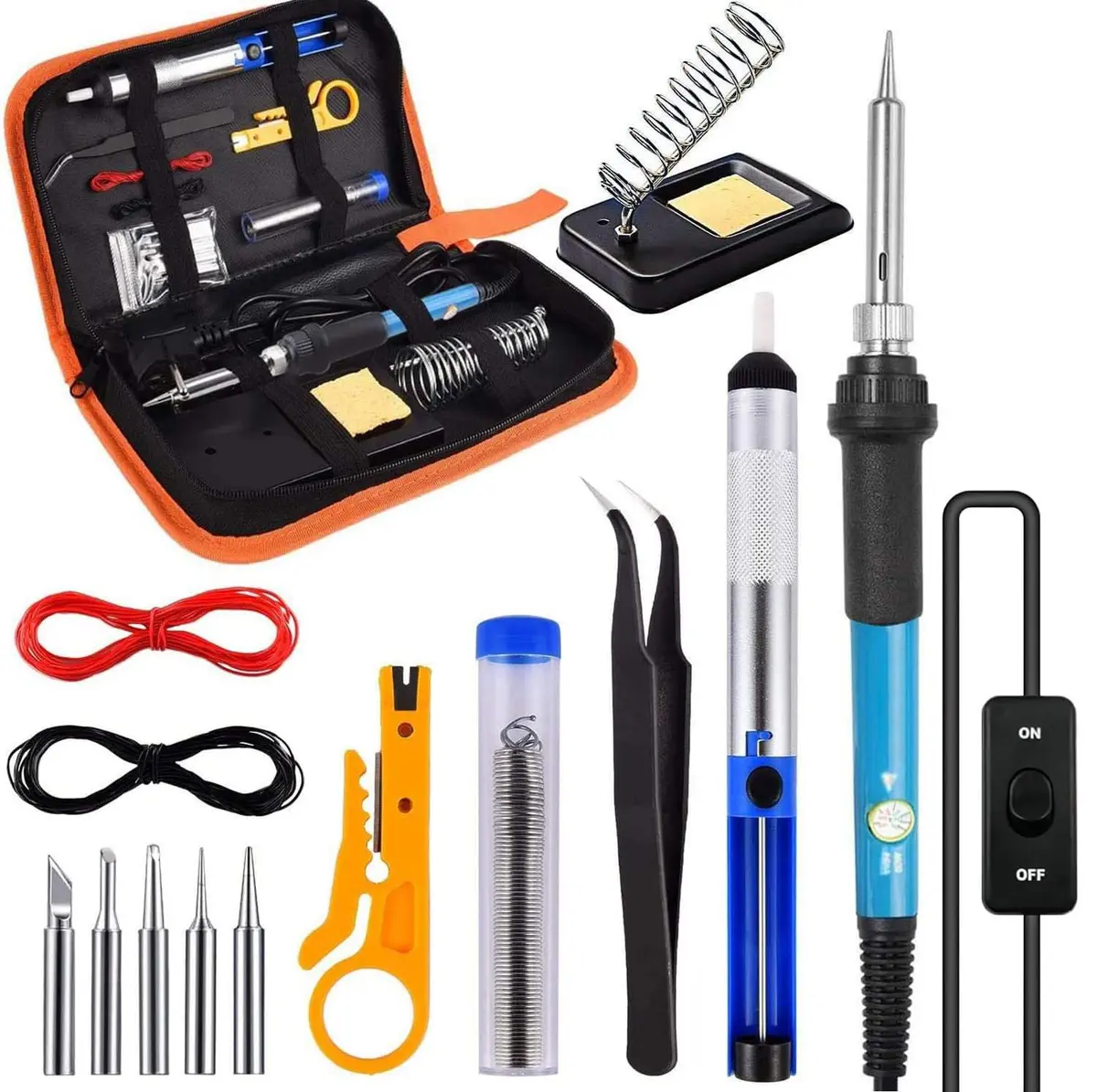 Ferro de Solda 220V Kit de Ferro de Solda Eletrônicos, Ferramenta de Soldagem de Temperatura Ajustável de 60w, 5 Pontas de Solda, Bomba de Dessolda Sugador de Solda, Estação de Solda