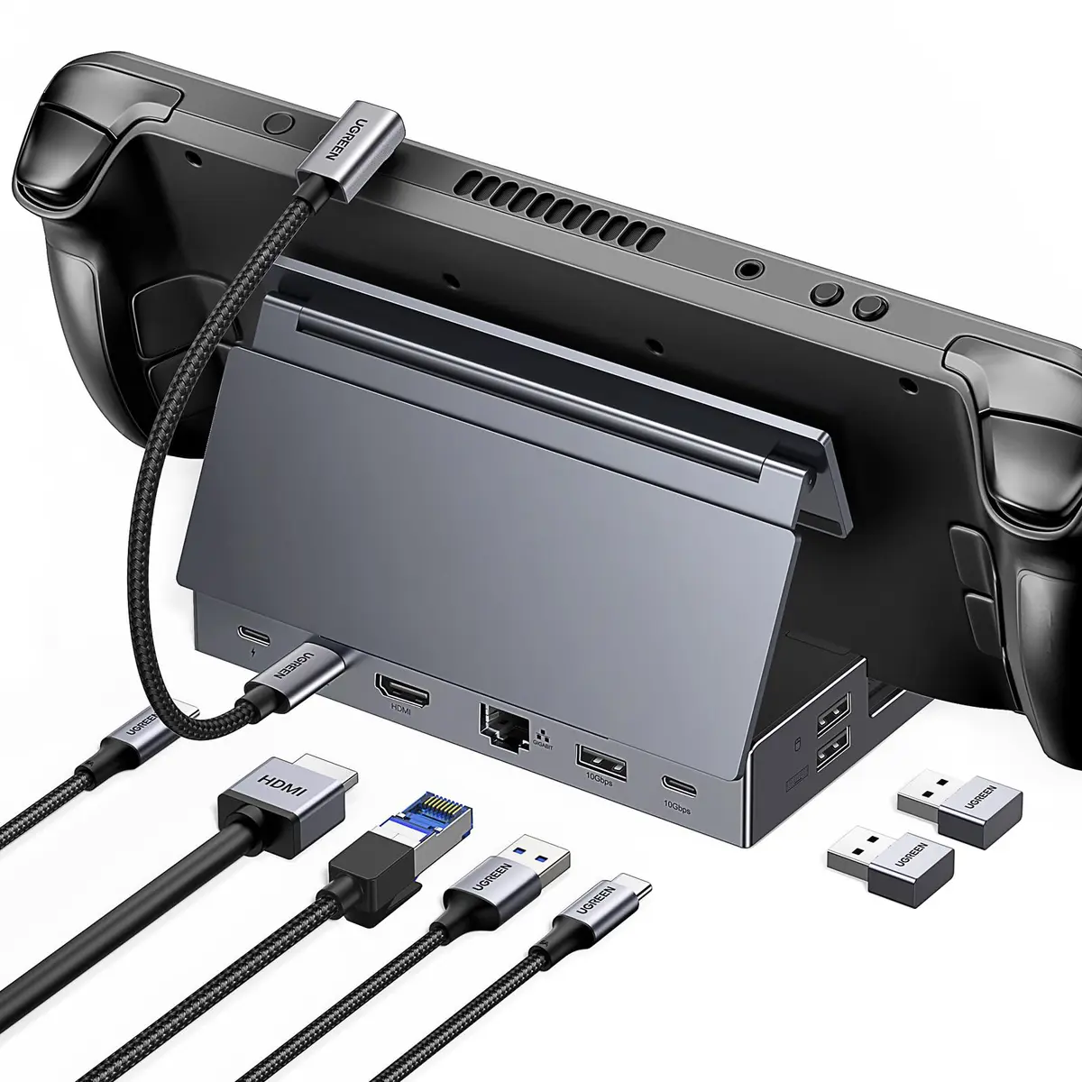 UGREEN Steam Deck Dock, Hub USB C 9 em 1 com Suporte Ajustável | HDMI 4K@60Hz, Ethernet 1000M, USB A e C 3.2, Leitor de Cartão SD/TF, PD 100W, Compatível com Steam Deck, Switch, ROG Ally