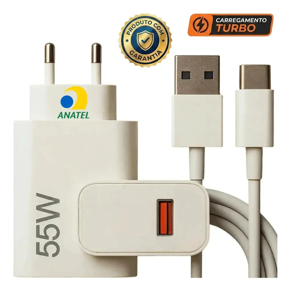 Carregador Turbo 55w USB-C Com Cabo Tipo C 1 Metro Fonte Bivolt 110v/220v, Carregamento Rápido Fast Charge, Ideal Para Celular Android, Compatível Com iPhone Samsung Motorola Xiaomi LG - 1